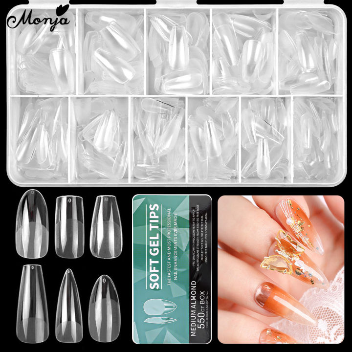 Monja 550PCS Matte Soft Gel Tips False Press on Coffin Almond Oval Square Nail Extension Acrylic Artificial Manicures Tools
