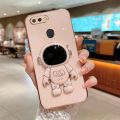 For OPPO A5s Back Cover with Cartoon Astronaut Folding Stand Luxury 6D Plating Frame Shiny Cases Soft Silicone Square Protective Mobile Phone Case. 