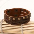 Boho Gypsy Hippie Punk Brown Real Leather Broze Copper Rivets Charm Wrap Layers Adjusted Macrame Bracelet Bangle For Man. 