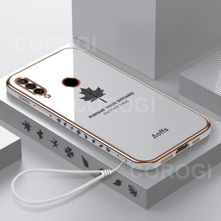 For Huawei Honor 9X Cover + Wrist Strap Fashion Shiny Maple leaf Plating Square Bumper Phone Case Soft TPU Silicone Shockproof Protective Back Cover