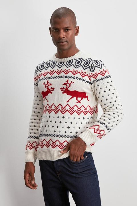 Trendyol Collection Beige Men Jacquard Christmas Themed Knitwear Sweater TMNAW20KZ0782