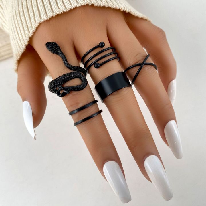 Youbo Black Knuckle Ring Set 5 Set of Creative Retro Snake Cross Spiral ...