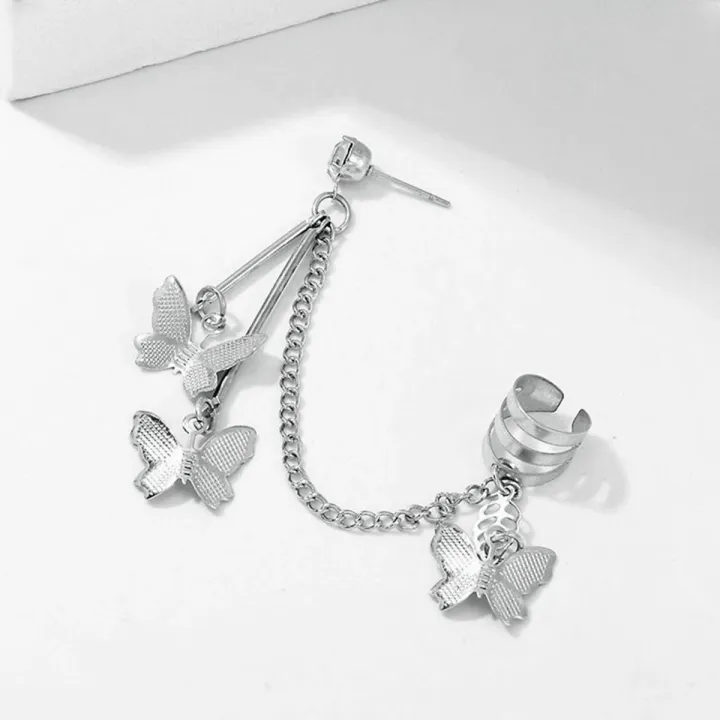 Pair%20Of%20Ear%20Cuff%20Butterfly%20Long%208%20cm%20Chain%20Pin%20Tassel%20Silver%20Color%20Earrings%20For%20Girls%20&%20Women%20-%20Image%205