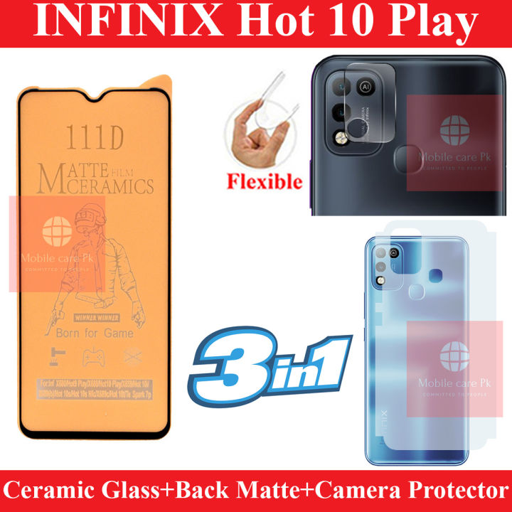Infinix Hot 10 Play Matte Glass Protector Ceramic Glass + Back Protector Carbon Fiber Matte Soft Skin Sheet + Camera Glass Flexible Gorilla Glass Lens Protector For Infinix Hot 10 Play - MobileCare