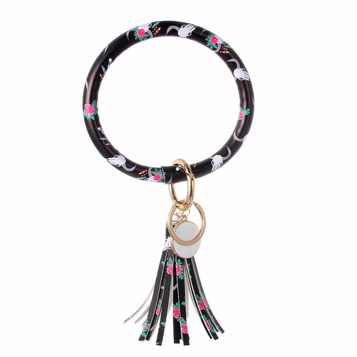 Women Faux Leather O Key Chain Circle Tassel Wristlet Keychain Key Ring Bangle