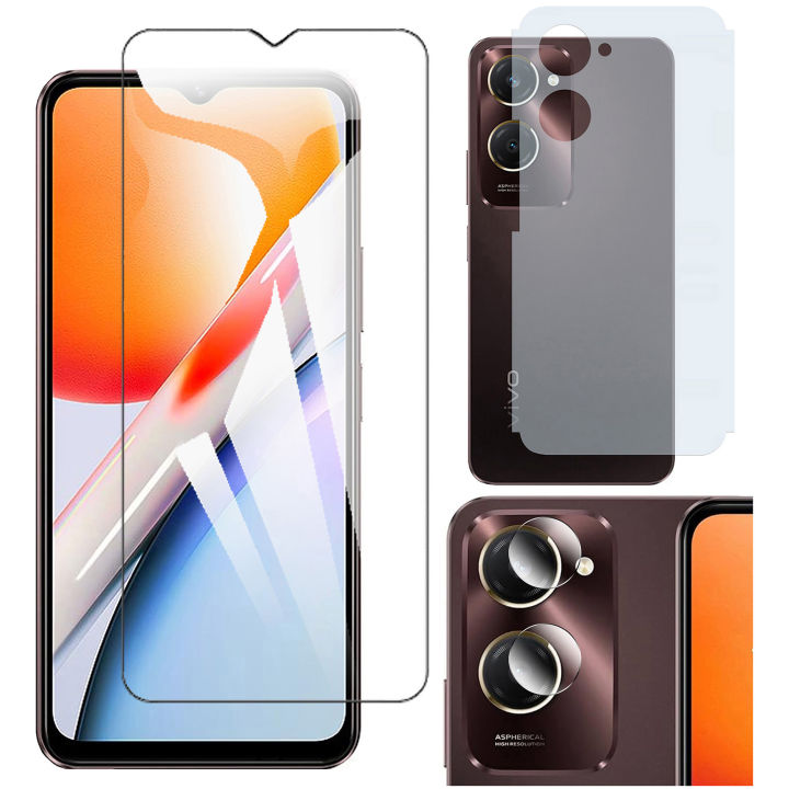Vivo Y18 Screen Protector Premium High Quality Polish Glass + Back Matte Protector Soft Film Protector Soft Skin Sheet + 9H Gorilla Flexible Back Camera Protector For Vivo Y18