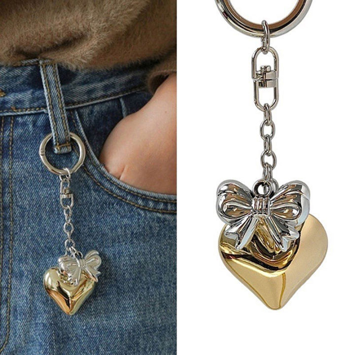 Vintage Love Heart Bowknot Keychain Y2K Bow Keyring Car Key Chain Girls Bag Pendant Earphone Case Hanging Decoration Cherry Super Store