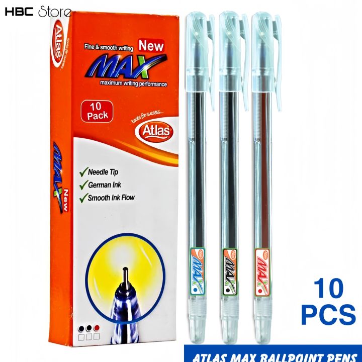 Atlas Max Ballpoint Pen Pack of 10 | Needle Tip,German Ink ,Smooth ink ...