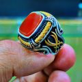 Original Red Yemeni Aqeeq Stone Pure 925 Silver / Chandi Turkish Ring. 