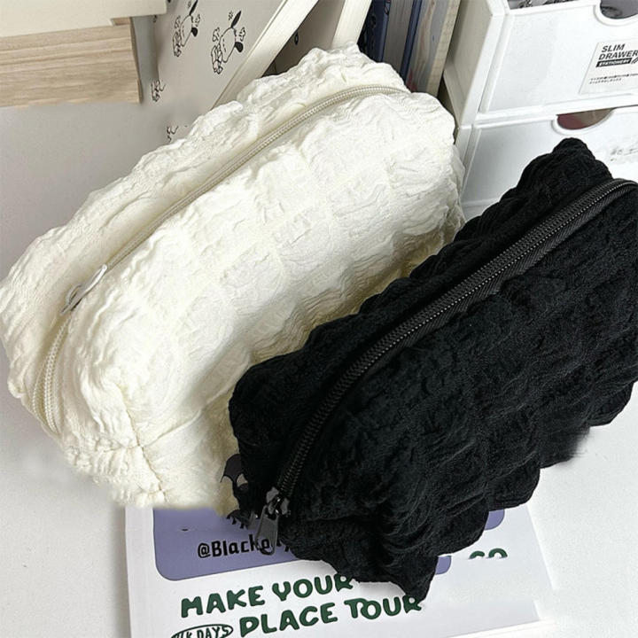 Polyester Pencil case Adorable 23*6*10cm Black/Beige Korean stationery Puffs Pen case for Students Office Artists Organizing Travel