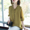 Women Shirt Comfortable Linen Cotton Solid Color Pleated Lace Stylish V-neck Long-sleeved Simple Loose Pullover Bottoming Shirt. 