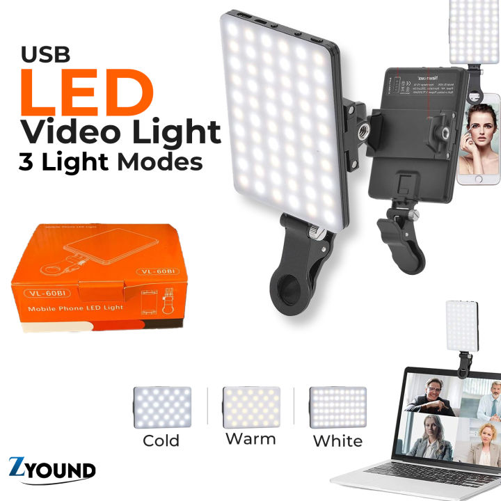 ZYOUND - vl 60bi USB LED Video Light 3 Light Modes and Brightness 10-Level | built-in 2000mAh Rechargeable Dimmable LED Beads Selfie Light with Phone clip | Portable High-quality LED Light for Mobile/Laptop/Ipad/Tablet