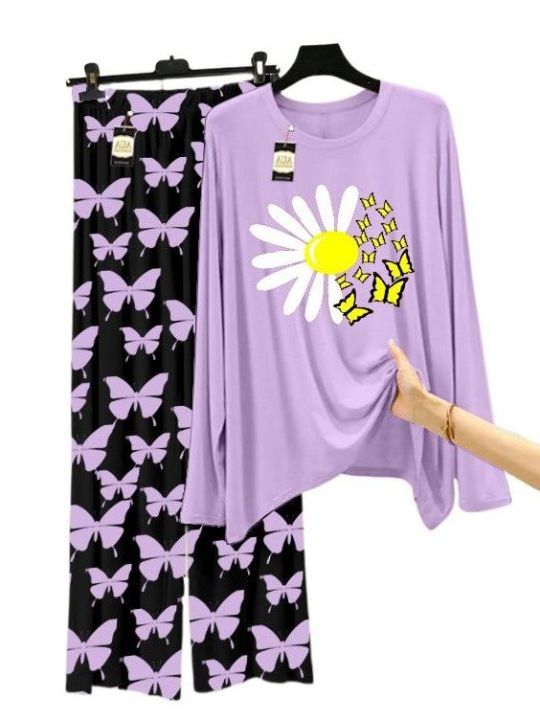 PURPLE SUNFLOWER Printed Nightwear Set With Black Butterfly Printed ...
