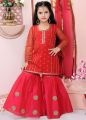 Red  Kids Gharara Suit With Dupatta  ( Fabric Tissue And Linen)  ( Size 1 Yrs To 9 Yrs). 