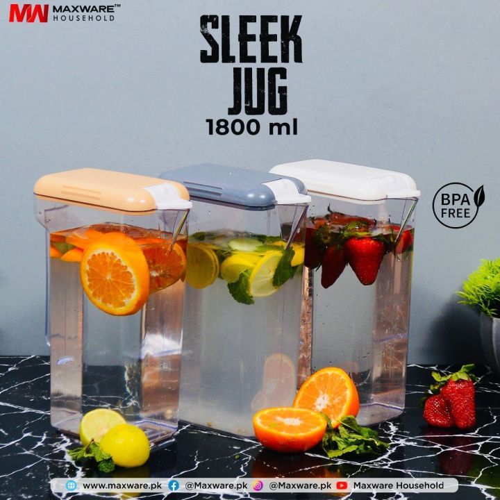 1.8L Fridge Jugs with Lids, Plastic Juice Pitcher, Large Capacity Hot Cold Water Carafe with Leak Proof Beverage Handle, Airtight Door Water Jug Container