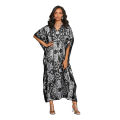 Printed V Neck 52 Inches Long Satin Silk Kaftan, Nighty, Night Dress, loungewear  Plus Abaya For Women Free Size [100-7149]. 