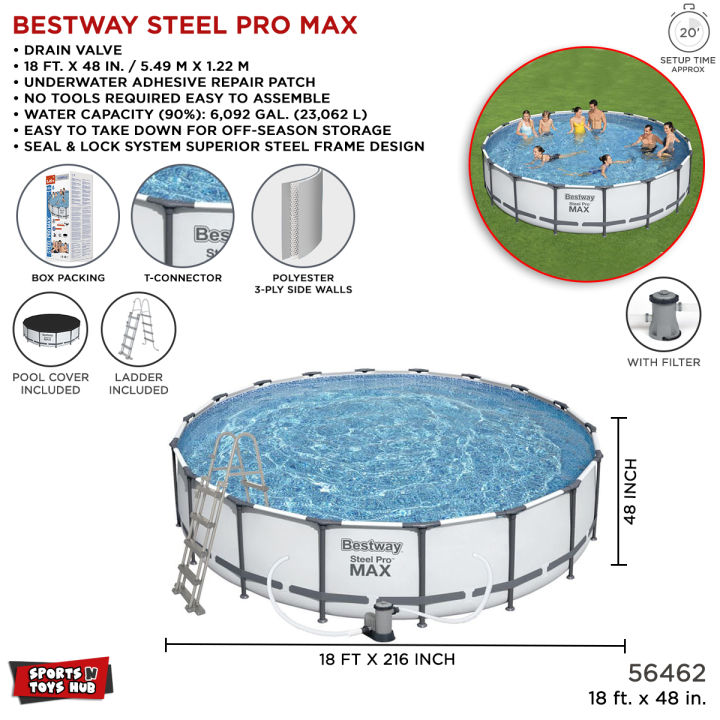 Bestway Steel Frame Round Pool 56462, 18 Ft Length X 18 Feet Width, Full Depth Large For Children & Adults, Easy To Setup & Drain Size Puncture Resistant Liner, 46 Inch Deep Family Big Swimming Pools, Water & Summer Fun, With Filter Pump, Ladder & Cover