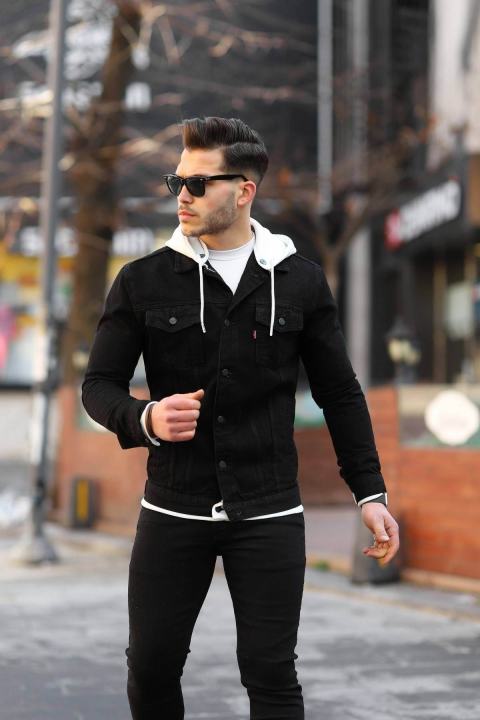 Black denim hoodie fashion mens