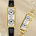 Dual Movement Watch Women Quartz Wristwatch 2 Time Zone Clock Stainless Steel Black Leather. 