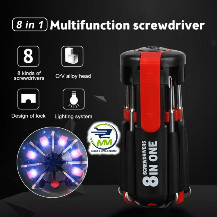 8 in 1 Screw Driver - Screwdriver Tool Kit With LED Torch  Multifunctional Screwdriver Multi Portable with 6 LED Torch Tools Light Up Flashlight Maintenance