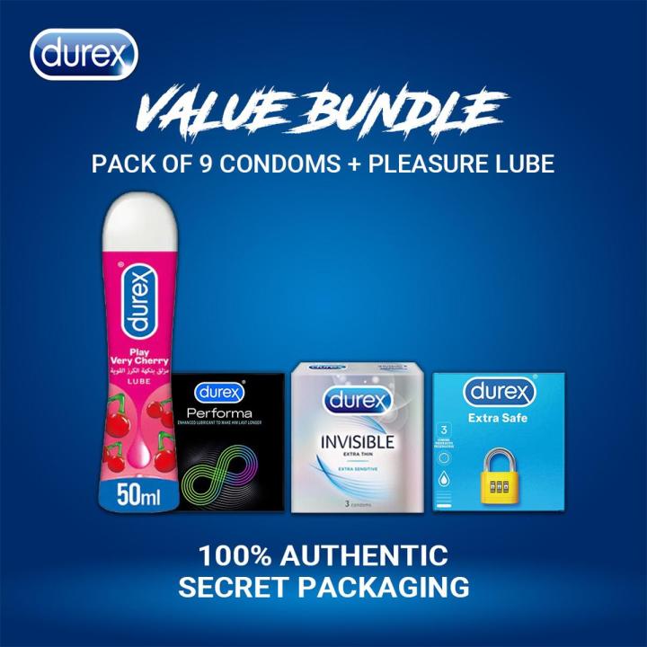 Durex Pack of 4 - Durex cherry lube gel 50ml, Performa 3s, Invisible 3s, Extra safe 3s