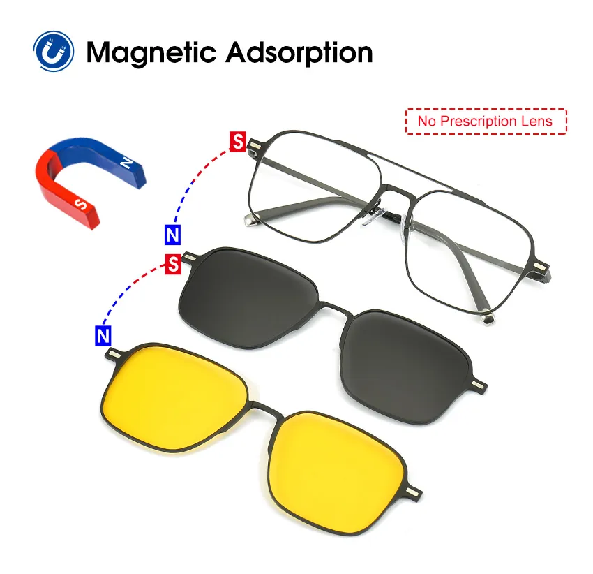 MENSPE 3 In 1 Sunglasses Men Polarized Sunglasses Night Vision Eyewear Magnetic Sun Glasses Frame Spectacles 3 Lens Unisex Anti UV Spectacles Fashion