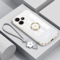 For Realme Note 50 Back Cover with Lanyard Rhinestone Ring Stand Luxury 6D Plating Square Frame Phone Case Shiny Holder Soft Silicone Protective Cases Pouch Girls. 