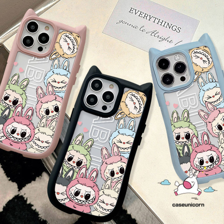 Trendy Cartoon Pop Mart Labubu Fun Doodle Case Compatible for IPhone 16 14 12 15 13 11 Pro Max 11 14 16 12 15 Pro Transparent Luxury Bracelet Cute Cat Ear 2 in 1 Acrylic Soft Case