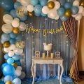 Beautiful Happy Birthday Decoration Set for Boys & Girls Including Birthday Banner, Latex Balloons, Metallic Balloons, Fairy Light, Adhesive Hook, Arch Tape & Net Curtains, Pink & Blue Birthday Decoration Full Set Items. 
