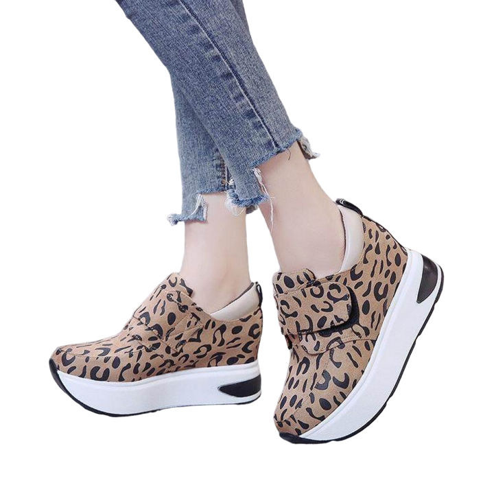 IELGY Inner heightening women s shoes Velcro leopard print wedge casual sneakers Daraz.pk