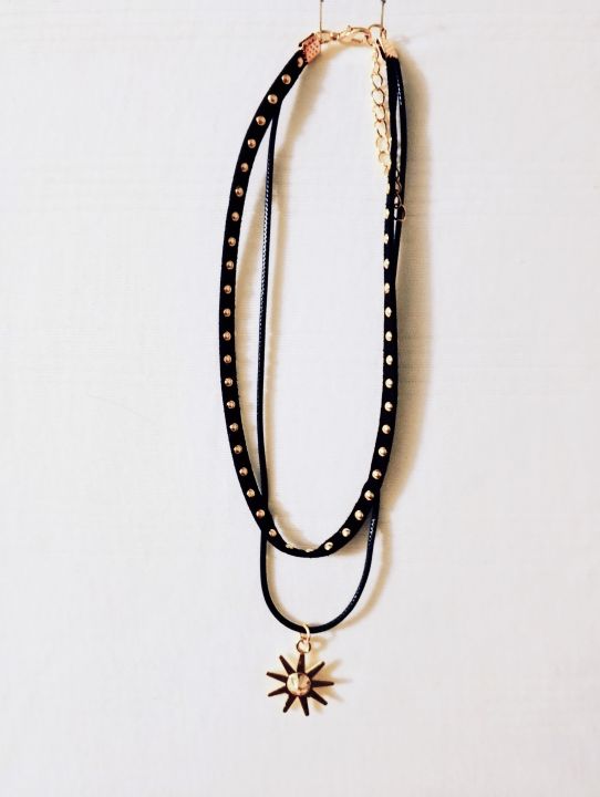 Fancy Black Leather String Layered Choker with Aesthetic Pendant