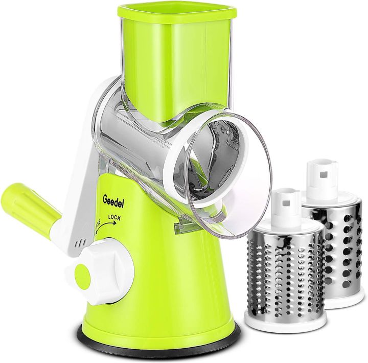 Geedel Rotary Cheese Grater, Kitchen Mandoline Vegetable Slicer with 3 Interchangeable Blades, Easy to Clean Rotary Grater Slicer for Fruit, Vegetables, Nuts