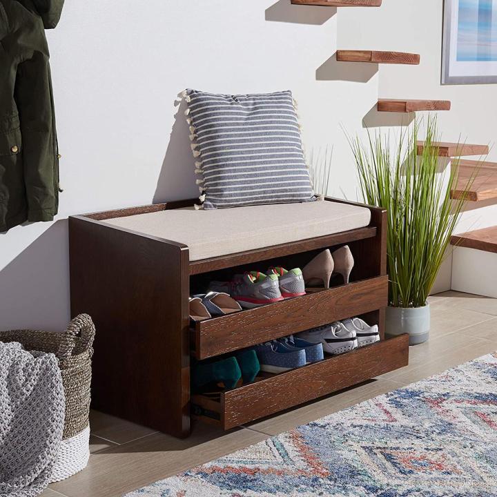 Home Percy 31-inch Walnut and Beige Storage Bench