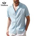 Men Summer Beach Shirt Casual Cotton Linen Solid Color Tops Short Sleeves Lapel T Shirt. 