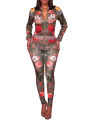2 PCS Womenﾡﾯs Floral Printed Outfits, Flower Pattern Long-Sleeves Jacket + Skinny Pants  Tracksuit Set for Club, Party, Sports. 