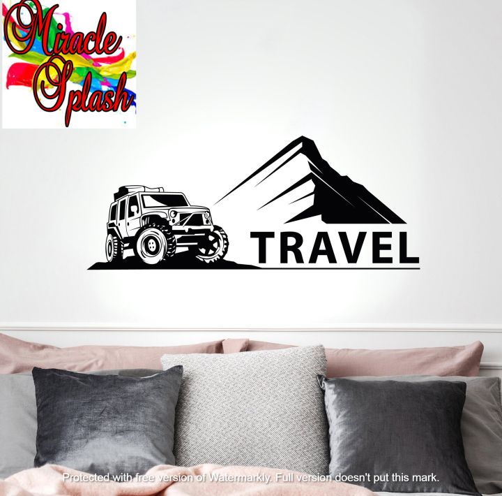 SIZE : 2 X 1 Feet- Travel Adventure Jeep Vehicle Quote Designed Self Adhesive Wall Sticker For Boys, Girl, Gaming, Office, Gym, Club,Room, Shops, home, Restaurants, Institute, School, Travel, Tour, Decor Decoration Lovers - Black Color- Miracle Splash