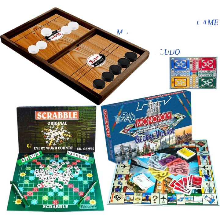 Ultimate board game collection: large pucket board game, monopoly global village, scrabble orignal, and ludo board game