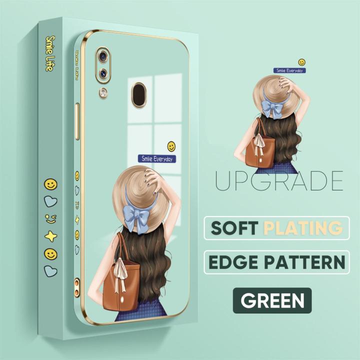 TA for Samsung Galaxy A20 / A30 Back Cover + Free Lanyard Back Girl Luxury 6D Plating Case Side Pattern Soft Silicone Square Phone Cases