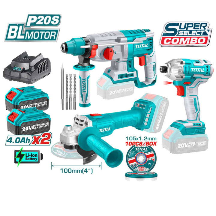 TOTAL 20V Lithium-ion Cordless 3pcs Combo Kit - Cordless Rotary Hammer - Cordless Impact Driver - Cordless Angle Grinder - 2 Pcs 4.0Ah Battery & Charger
