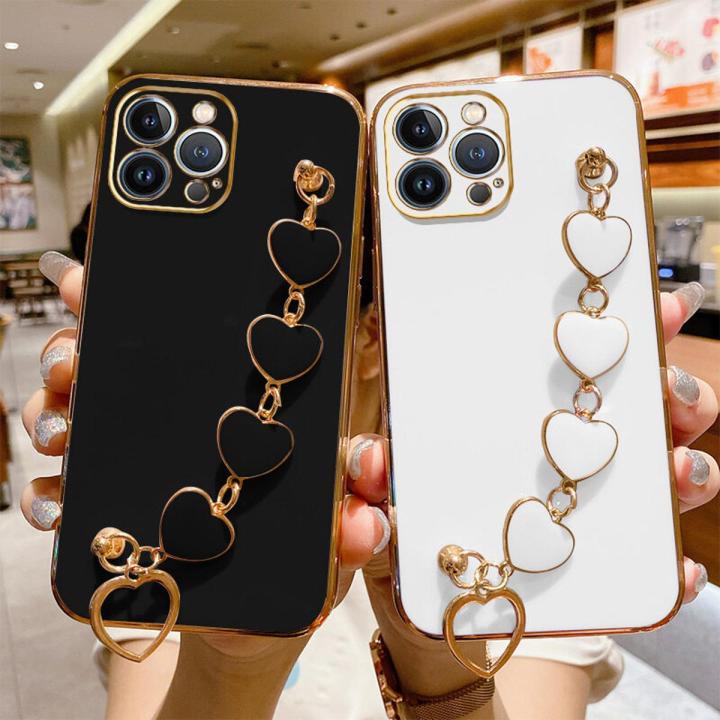 COROGI for iPhone 14 Pro Max Back Cover with Love Heart Bracelet Luxury 6D Plating Frame Shiny Chain Cases Soft Silicone Square Protective Mobile Phone Case for Girls Boy