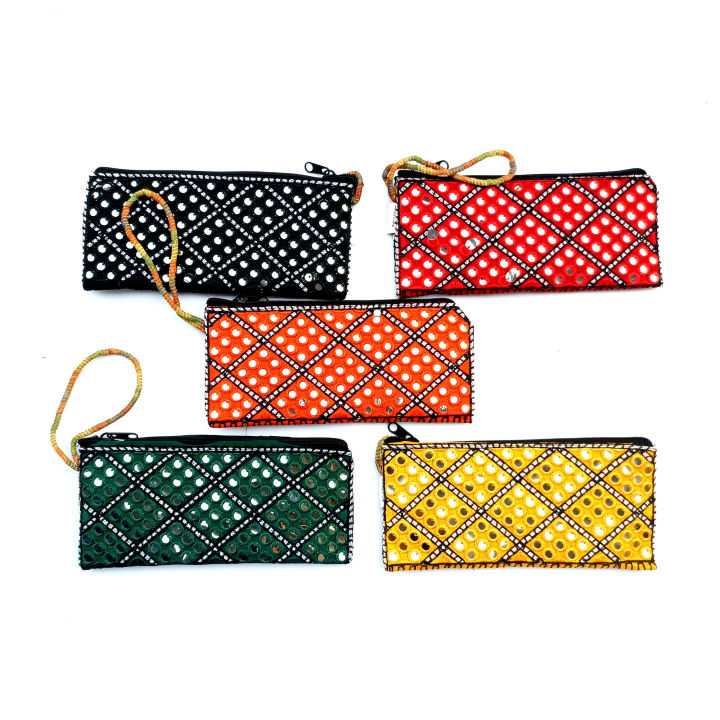 Embroidered Vintage Hand PURSE Handbag For Women Girls with Wrist Strap Pakistani Traditional Cultural Party Wear Bag Sindhi Balochi Pashtun Multicolor Embroidery & Sequins Work ZENZ