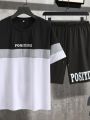 Summer Men Letter Graphic Color Block Tee & Drawstring Waist Shorts Track suit for Summer. 