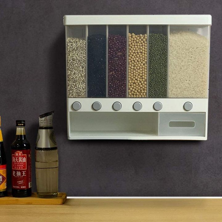 Wall Mounted Food Dispenser,Whole Grains Rice Bucket,Large Capacity 6-Grid Storage Dry Food Dispenser, Dry Food Fruit Storage Box For Home and Kitchen