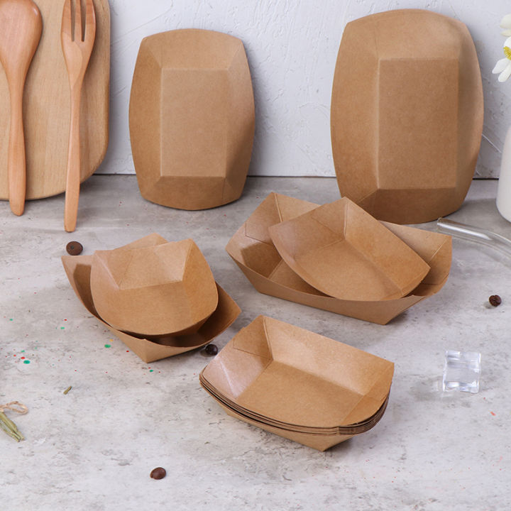10Pcs Disposable Kraft Paper Boats Plates Trays Sushi Boat Box Food Paper Boxes