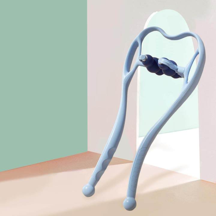 Neck Shoulder Self Massager Hand Roller Shoulder Relaxer Dual Point , Alleviates Sore Muscles S‐Shaped Curve Design Lightweight Convenient - Blue