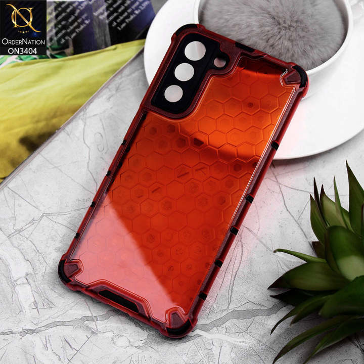 Samsung_ Galaxy S21 FE 5G Cover - Red - Onation Hybrid Series Soft Borders Hive Shell Semi Transparent Back TPU Protective Case