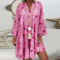 Mini Dress Cactus Print Ruffled Women V Neck Long Sleeve Buttons Dress for Beach. 