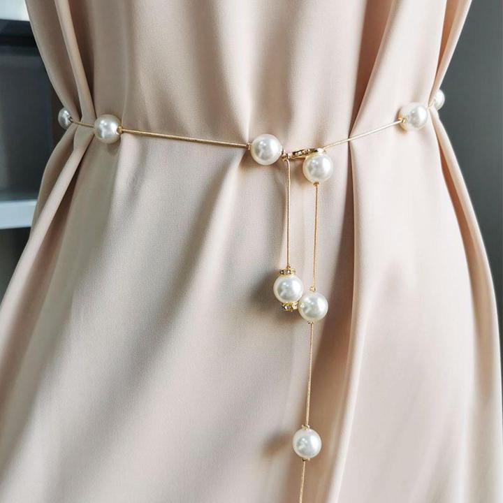 Fashion Elegant Chain Belt Women Pearl Metal Adjustable Long Belt Female Dress Thin Skinny Waist Belt Daraz.pk