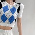 Women Knit Crop Top, Adults Color Block Button Down Argyle Pattern Short Sleeve Round Neck Cardigan. 