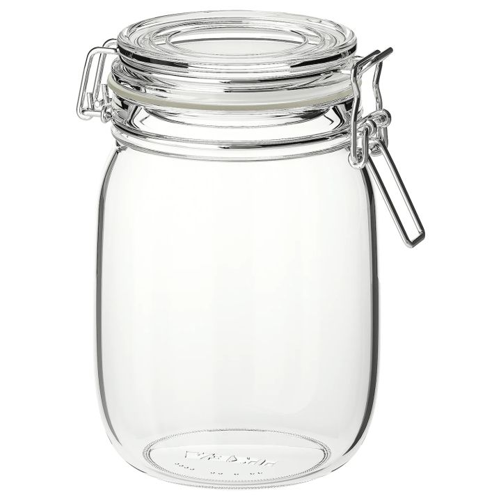 IKEA KORKEN Glass Jar with lid (rubber seal), Clear, Red Brown, patterned light beige, Green, 1 Liter – Air Tight 1000 ML